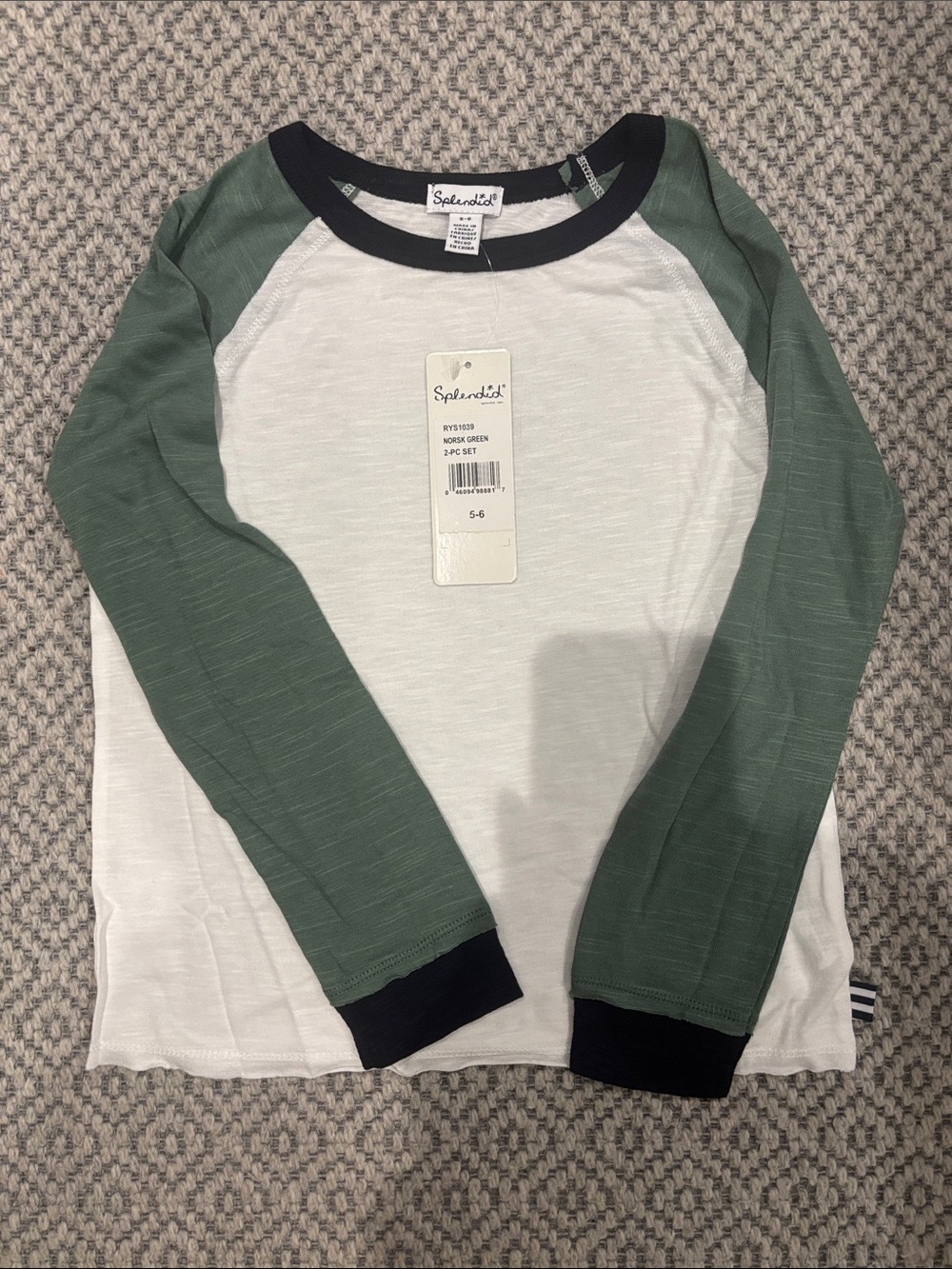 Splendid White Body with Green Raglan Sleeves and Black Trim Tee